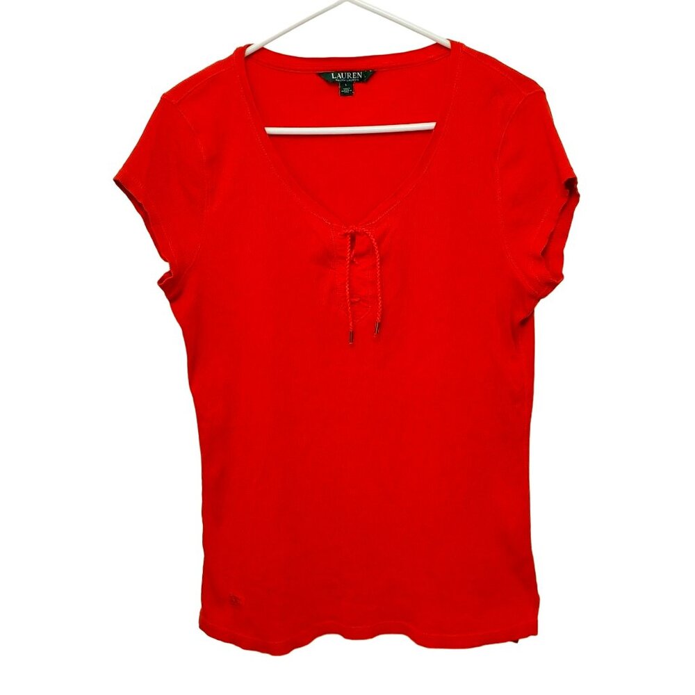 Lauren Ralph Lauren Scoop Neck T-Shirt Lace-Up Ribbed Knit Tee Size L Orange Red